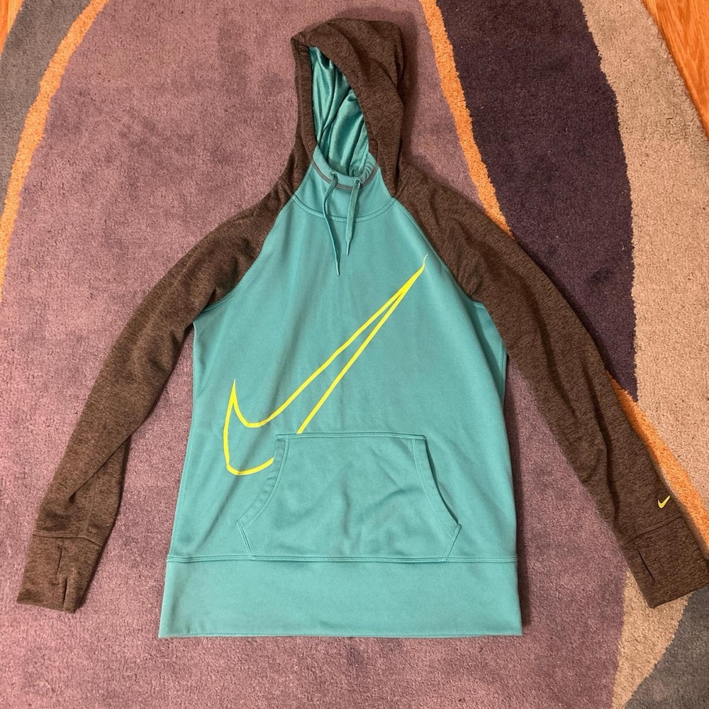 Blue charcoal and neon green Nike therma-fit running hoodie